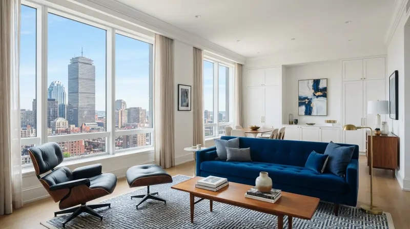 Modernist Boston apartment interior with skyline views and curated furnishings